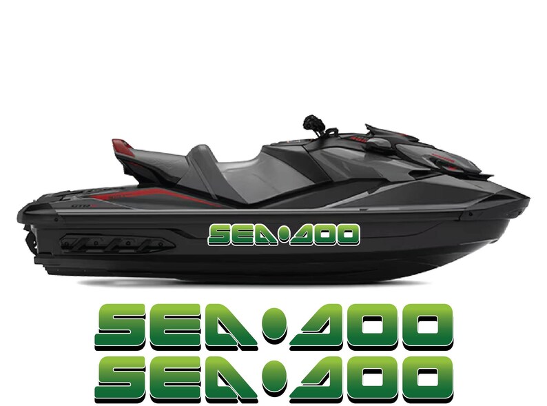 Puede incluir: Una moto acu&aacute;tica Sea-Doo Sea 400 negra y gris con detalles en rojo. Las palabras "SEA 400" est&aacute;n en verde y blanco en el lateral. Texto adicional "SEA 400" debajo de la moto acu&aacute;tica.