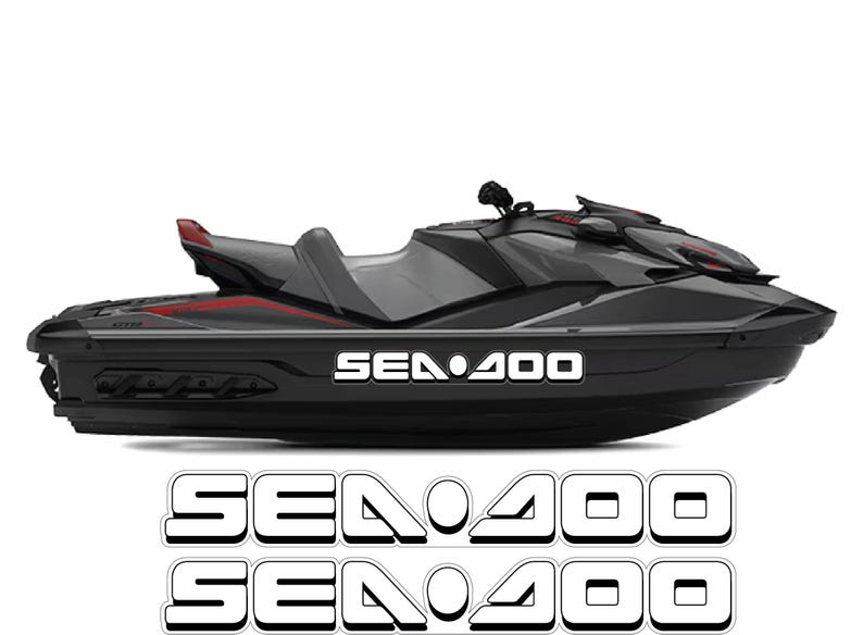 Puede incluir: Moto acu&aacute;tica negra y gris con detalles en rojo. Las palabras "SEA DOO 400" se muestran en blanco en el lateral. Pegatinas adicionales de "SEA DOO 400" debajo.