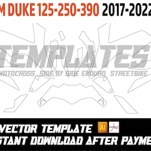 Könnte beinhalten: Eine weiße Vektorvorlage für KTM Duke Motorräder, Modelle 125, 250 und 390 von 2017-2022. Das Bild enthält den Text "TEMPLATES" und "1:1 VECTOR TEMPLATE". Die Vorlage ist für Motocross, Side-by-Side, Enduro und Streetbike.