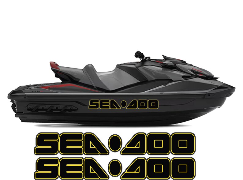 Puede incluir: Una moto acu&aacute;tica Sea-Doo Sea 400 negra y gris con detalles en rojo. La moto acu&aacute;tica tiene el texto "SEA 400" en amarillo y negro. Debajo de la moto acu&aacute;tica hay dos juegos de calcoman&iacute;as "SEA 400".