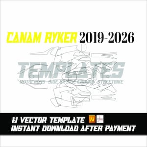 Könnte beinhalten: Schwarz-weiße Vektorschablone für Can-Am Ryker 2019-2026. Das Bild enthält den Text "CANAM RYKER 2019-2026" in Gelb sowie "1:1 VECTOR TEMPLATE" und "INSTANT DOWNLOAD AFTER PAYMENT" in Weiß.