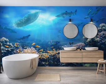 Mural de pared oceánico autoadhesivo, papel tapiz de vida marina submarina, decoración oceánica de tiburones y ballenas, mural de pared para baño, dormitorio infantil y sala de estar.