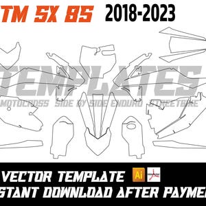 Puede incluir: Una plantilla vectorial en blanco y negro para una motocicleta KTM SX 85, años de modelo 2018-2023. La imagen incluye el texto "TEMPLATES" y "1:1 VECTOR TEMPLATE". La plantilla es para motocross, side by side, enduro y streetbike.