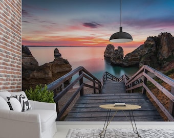 Sunset beach wall mural, coastal staircase ocean view peel and stick wallpaper. Relaxing seaside decor for bedroom or living room 1650