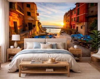 Mural de pared de Italia autoadhesivo, papel pintado de pueblo de Cinque Terre, puesta de sol costera mediterránea, papel pintado autoadhesivo para la decoración del dormitorio.