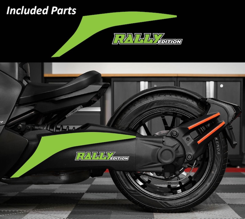 May include: Black and green motorcycle with lime green accent decals. The decals have the text "RALLY EDITION" in white. The image also includes the words "Included Parts" in white.