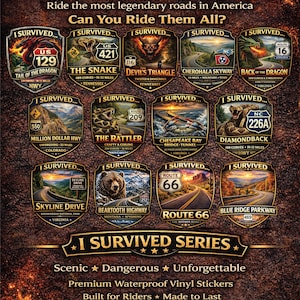 Pack de pegatinas legendarias para motocicletas: 13 pegatinas icónicas de rutas estadounidenses de la colección I SURVIVED.