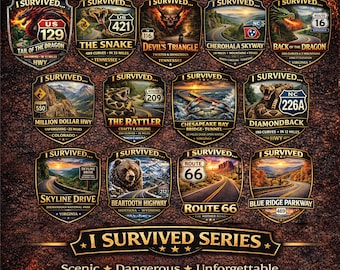 Pack de pegatinas legendarias para motocicletas: 13 pegatinas icónicas de rutas estadounidenses de la colección I SURVIVED.