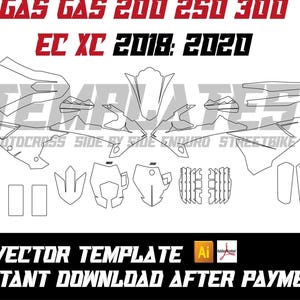 May include: A black and white vector template for Gas Gas EC XC motorcycles, model years 2018-2020. The design includes outlines of various motorcycle parts, with text at the top indicating the model numbers 200, 250, and 300.