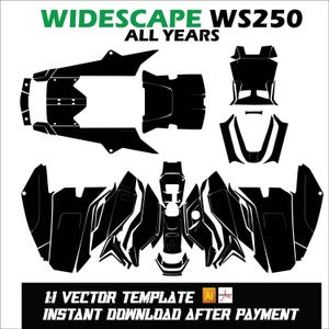 May include: A black and white vector template for a WS250 vehicle, featuring various cut-out shapes. The text "WIDESCAPE WS250 ALL YEARS" is at the top. The bottom text reads "1:1 VECTOR TEMPLATE INSTANT DOWNLOAD AFTER PAYMENT".