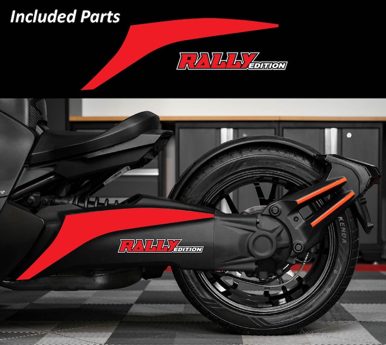 May include: Black and red motorcycle with "RALLY EDITION" text. The image shows the side of a motorcycle with red accent decals. The text "Included Parts" is at the top of the image.