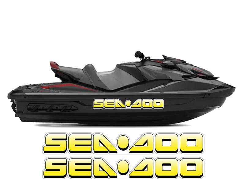 Puede incluir: Moto acu&aacute;tica negra y gris con detalles en rojo. Las palabras "SEA DOO 400" se muestran en amarillo y blanco en el lateral. Dos calcoman&iacute;as adicionales de "SEA DOO 400" est&aacute;n debajo.