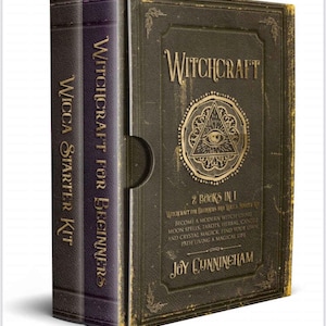以下が含まれることがあります： 「Witchcraft」と「Wicca Starter Kit」というタイトルの2冊セット。本は、金色の文字とアクセントが付いた、濃い緑色と紫色の革のような表紙で製本されています。「Witchcraft」本の表紙には、三角形の中の目があります。