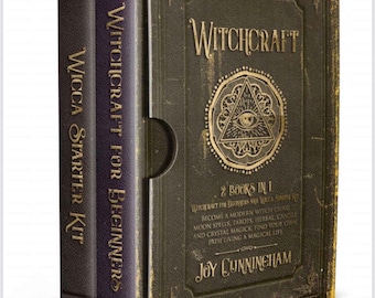 May include: A two-book set titled "Witchcraft" and "Wicca Starter Kit". The books are bound in dark green and purple leather-like covers with gold lettering and accents. The front cover of the "Witchcraft" book features an eye within a triangle.