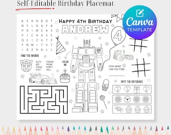 Editable Autobots Birthday Activity Placemat for Kids – Birthday Table Decor – Robot Party Games & Coloring Sheet – Canva Template