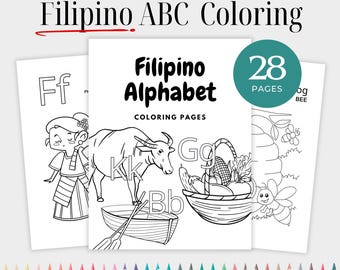 Op de afbeelding: Een set kant-en-klare kleurplaten met de titel "Filipino ABC Coloring". De omslag toont de woorden "Filipino Alphabet Coloring Pages" met illustraties van een waterbuffel, een boot en een mand met producten. De set bevat 28 pagina's.