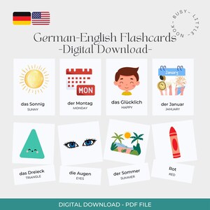 Puede incluir: Una descarga digital de tarjetas did&aacute;cticas alem&aacute;n-ingl&eacute;s. Las tarjetas did&aacute;cticas presentan ilustraciones de un sol, un calendario, un ni&ntilde;o feliz y un calendario. Otras tarjetas muestran un tri&aacute;ngulo, ojos, una escena de playa y un cray&oacute;n rojo. El texto incluye palabras en alem&aacute;n e ingl&eacute;s.