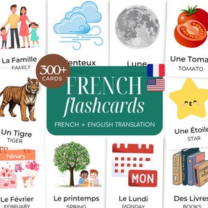 Peut inclure: Un ensemble de cartes flash françaises avec traductions anglaises. Les cartes présentent des illustrations colorées de divers objets et concepts, dont une famille, un tigre, une lune, une tomate et une étoile. Le texte "FRENCH flashcards" est mis en évidence.