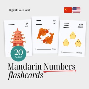 May include: A set of Mandarin numbers flashcards with illustrations of a pagoda, fish, and chicks. The flashcards show numbers 1-3 with Mandarin characters and English words. The image includes the text "Digital Download" and "20 Cards".