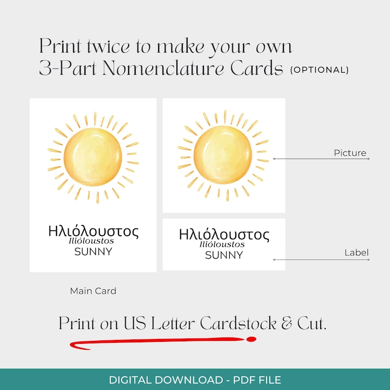 May include: Digital download of 3-part nomenclature cards. The cards feature a watercolor illustration of a yellow sun with rays. The Greek word for sunny, "&Eta;&lambda;&iota;ό&lambda;&omicron;&upsilon;&sigma;&tau;&omicron;&sigmaf;", is printed below the image, along with the English word "SUNNY". The text "Print on US Letter Cardstock & Cut" is also included.