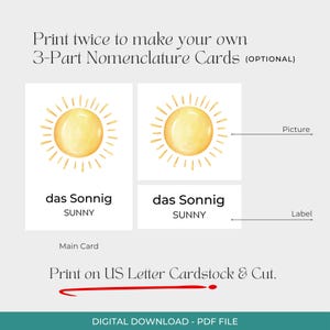 Puede incluir: Descarga digital de tarjetas de nomenclatura de 3 partes. Las tarjetas presentan una ilustraci&oacute;n de acuarela de un sol amarillo con la palabra alemana "das Sonnig" y la palabra inglesa "Sunny". Tambi&eacute;n se incluye el texto "Print on US Letter Cardstock & Cut".