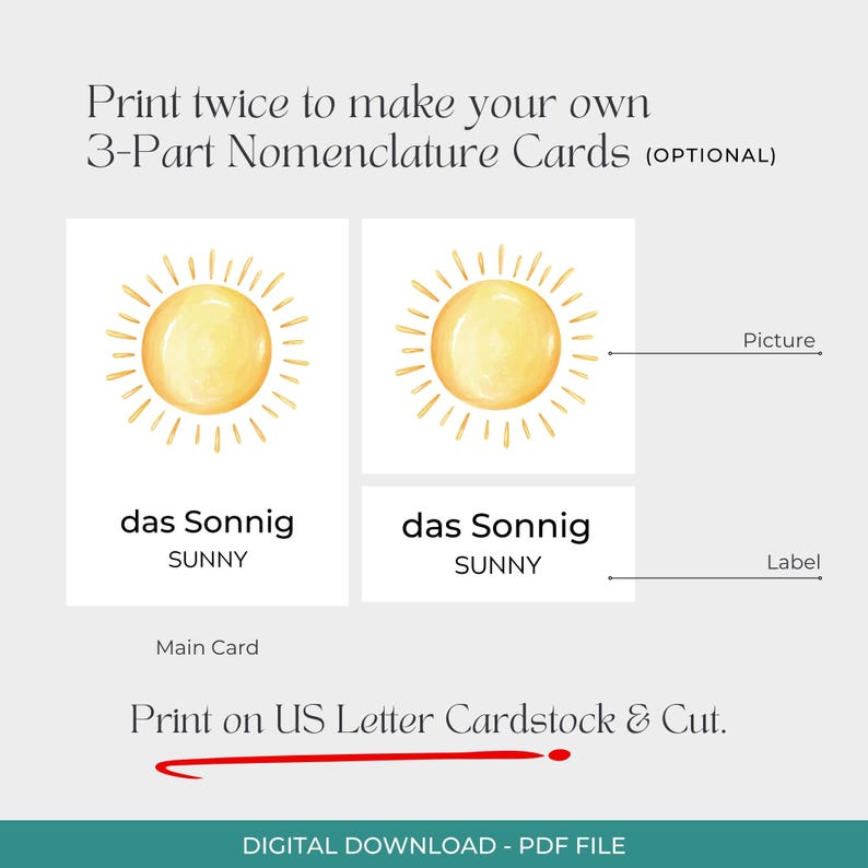 Puede incluir: Descarga digital de tarjetas de nomenclatura de 3 partes. Las tarjetas presentan una ilustraci&oacute;n de acuarela de un sol amarillo con la palabra alemana "das Sonnig" y la palabra inglesa "Sunny". Tambi&eacute;n se incluye el texto "Print on US Letter Cardstock & Cut".
