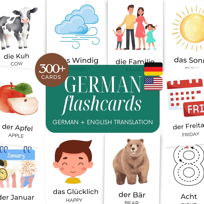 Puede incluir: Un conjunto de tarjetas did&aacute;cticas alemanas con traducciones al ingl&eacute;s. Las tarjetas presentan ilustraciones de una vaca, una manzana, una familia y un oso. El texto de las tarjetas incluye "300+ tarjetas" y "German flashcards".
