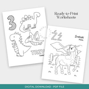 May include: Two ready-to-print worksheets. One features dinosaur illustrations and the number 3, with the word "THREE". The other shows a horse with the word "FOAL". The text "Ready-to-Print Worksheets" is also visible.
