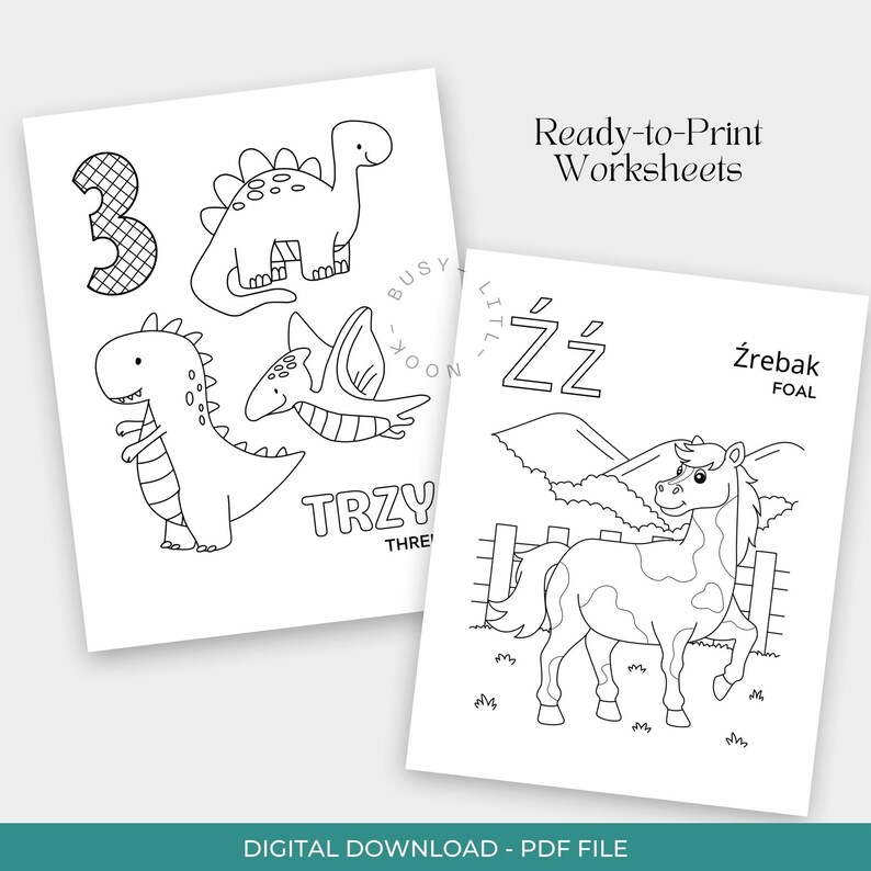 May include: Two ready-to-print worksheets. One features dinosaur illustrations and the number 3, with the word "THREE". The other shows a horse with the word "FOAL". The text "Ready-to-Print Worksheets" is also visible.