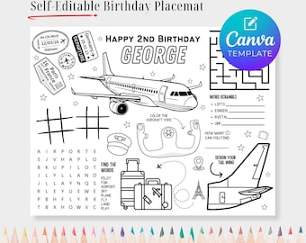 Editable Airplane Birthday Activity Placemat for Kids – Birthday Table Decor – Modern Plane Party Games & Coloring Sheet – Canva Template