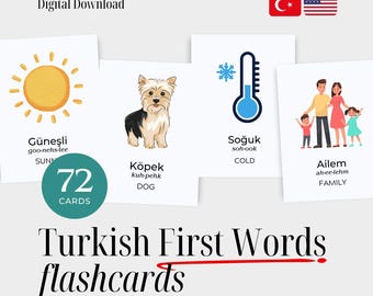 Turkish First Words Flashcards with English Translations – 72 Bilingual Vocabulary Cards for Toddlers & Early Learners – Digital Download