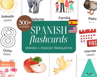 Paquete de tarjetas didácticas en español e inglés: más de 300 tarjetas bilingües con traducciones al inglés. El mejor recurso para el aprendizaje en preescolar y niños pequeños. Descarga digital.