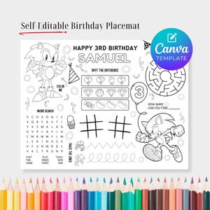 May include: A black and white self-editable birthday placemat featuring a Sonic the Hedgehog theme. The placemat includes a word search, maze, and other activities. Text reads "Happy 3rd Birthday Samuel".