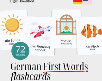 Deutsch First Words Flashcards with English Translations – 72 Bilingual Vocabulary Cards for Toddlers & Early Learners – Digital Download