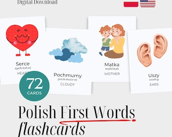 Polish First Words Flashcards with English Translations – 72 Bilingual Vocabulary Cards for Toddlers & Early Learners – Digital Download