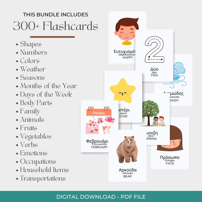 May include: A bundle of 300+ flashcards for educational purposes. The cards cover topics like shapes, numbers, colors, weather, seasons, and more. The image includes cards with illustrations and text in multiple languages. The text "DIGITAL DOWNLOAD - PDF FILE" is at the bottom.