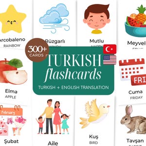 Könnte beinhalten: Ein Set türkischer Lernkarten mit englischen Übersetzungen. Die Karten zeigen farbenfrohe Illustrationen und türkische Wörter mit englischen Entsprechungen. Die Karten zeigen Bilder eines Regenbogens, eines Apfels, einer Familie, eines Vogels und eines Kaninchens. Der Text auf den Karten enthält die Wörter "Türkische Lernkarten".