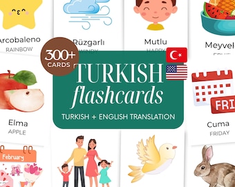 Turkish English Flashcard Bundle – 300+ Bilingual Cards with English Translations – Ultimate Preschool & Toddler Learning – Digital Download