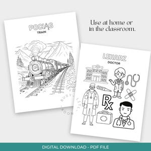 May include: Two black and white coloring pages. One features a train with the word "TRAIN" above it. The other page has a doctor theme with the word "DOCTOR" above it. Text reads "Use at home or in the classroom."