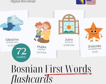 Bosnian First Words Flashcards with English Translations – 72 Bilingual Vocabulary Cards for Toddlers & Early Learners – Digital Download