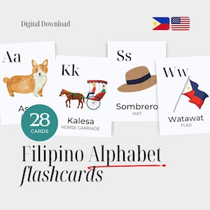 Filipino Alphabet Flashcards | Printable Filipino Abakada Flashcards Bilingual Tagalog Vocabulary Cards for Kids, Homeschool, ESL
