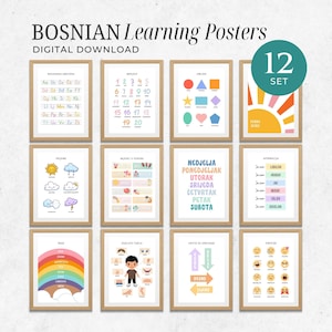 Bosnian Educational Posters – 12 Printable Set for Kids Nursery Room, Bilingual Homeschool Decor, Bosnian Alphabet, Numbers & More