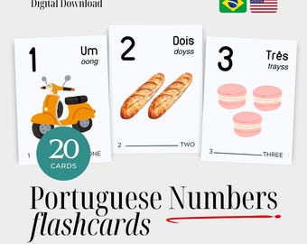 Tarjetas didácticas de los números del 1 al 20 en portugués con traducción al inglés: tarjetas de conteo bilingües para niños pequeños y principiantes (descarga digital)
