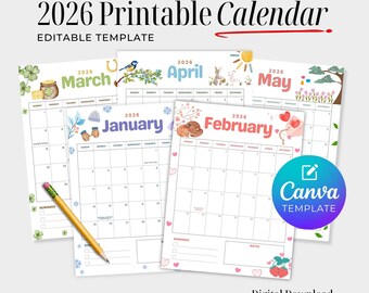 2026 Schuljahr druckbarer Monatskalender - Bearbeitbare Kinderplaner-Vorlage – druckbare Schulkalender – Canva-Vorlage