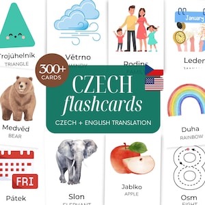 Può includere: Un set di flashcard ceche con traduzioni in inglese. Le carte presentano illustrazioni di un triangolo, un orso, una famiglia, un arcobaleno, un elefante e una mela. Il testo include parole ceche e inglesi. Sono presenti anche le bandiere ceca e americana.