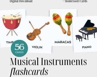 Tarjetas de instrumentos musicales para niños: 56 tarjetas imprimibles/descarga digital para aprender música, estudiar en casa y en el aula.