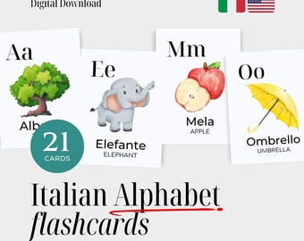 Italian Alphabet Flashcards with English Translations – Bilingual Vocabulary Cards for Kids – Learn Italian Letters – Digital Download