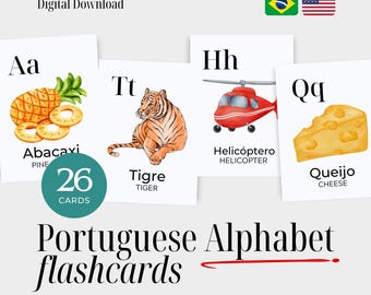 Portuguese Alphabet Flashcards with English Translations – Bilingual Vocabulary Cards for Kids – Learn Portuguese Letters – Digital Download