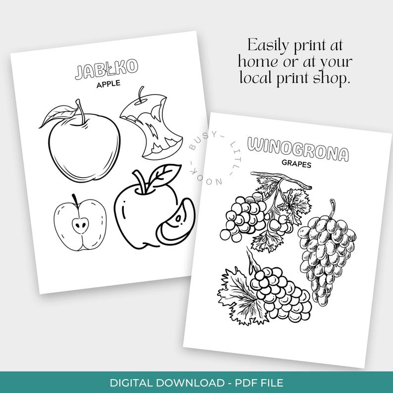 May include: Black and white digital download featuring line drawings of apples and grapes. The apple page includes the word "APPLE" and the Polish word "JABŁKO". The grape page includes the word "GRAPES" and the Polish word "WINOGRONA".