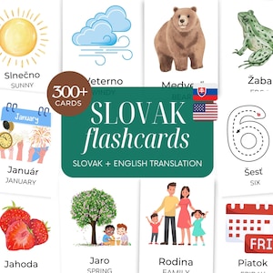 May include: Slovak flashcards with English translations. The cards show illustrations of a sunny day, a bear, a frog, the month of January, strawberries, a tree, a family, and the number six. The text "SLOVAK flashcards" is displayed.